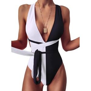 Lilosy One Piece Swimsuit Womens M Black White Wrap High‎ Cut Brazilian 207 NWT